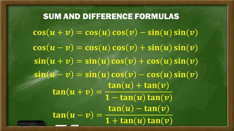 Sum and Difference of Trigonometric Functions Formulas. The sum and difference formulas help us evaluate the value of trigonometric functions at angles that can be expressed as the sum or difference of specific angles. In this guide, you will learn more about the sum and difference formulas.